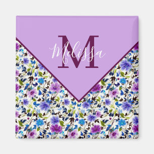 Purple and blue floral personalised magnet