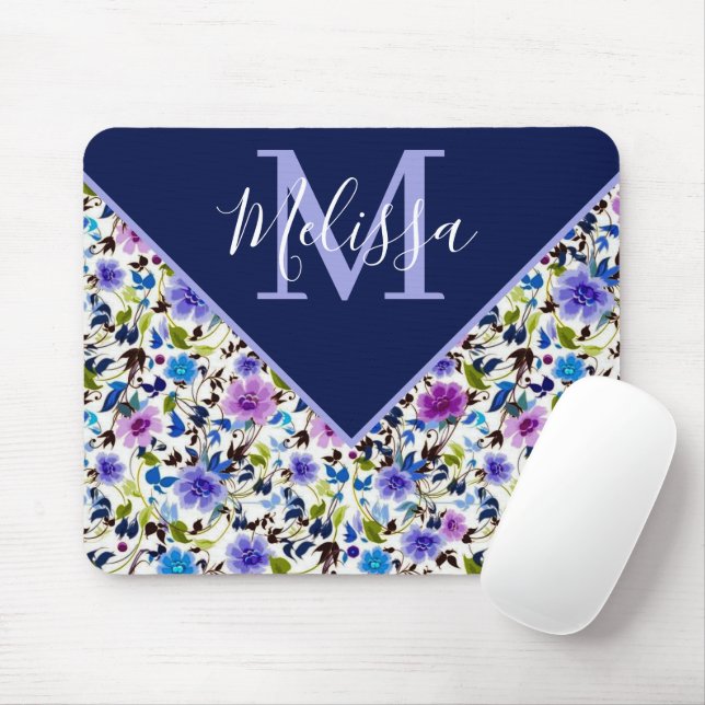 Purple and blue floral personalised   mouse pad (With Mouse)