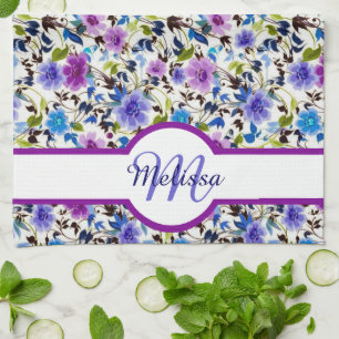 Purple and blue floral personalised tea towel