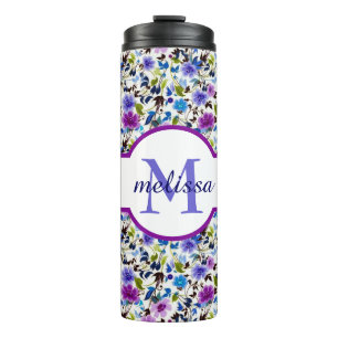 Purple and blue floral personalised thermal tumble tumbler