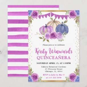 Purple and Blue Floral Pumpkins Fall Quinceanera Invitation