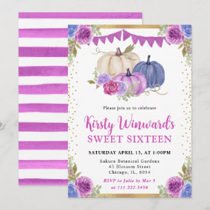Purple and Blue Floral Pumpkins Fall Sweet 16 Invitation