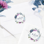 Purple and Blue Floral Wedding Envelope / Favour Classic Round Sticker<br><div class="desc">Elegant monogrammed wedding envelope seal or favour sticker with gorgeous watercolor floral detail in a beautiful blend of purple and blue hues. Centre in white with initials and second text line in blue tone. Two size options and several shape options to choose from. Bottom text line can be used for...</div>