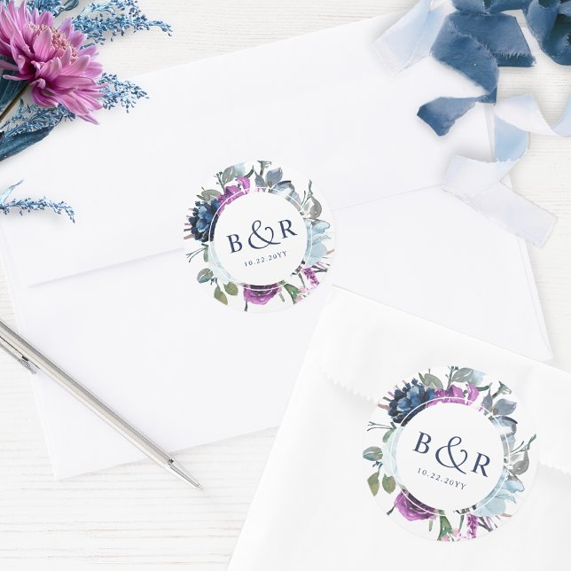 Purple and Blue Floral Wedding Envelope / Favour Classic Round Sticker (Creator Uploaded)