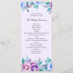 Purple and blue floral wedding. Watercolor flowers Programme