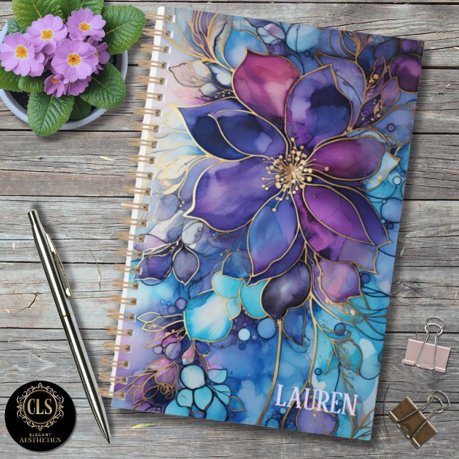 Purple and Blue Florals Clean Name Planner (Daily Planner Personalized Purple Blue Floral Gold)
