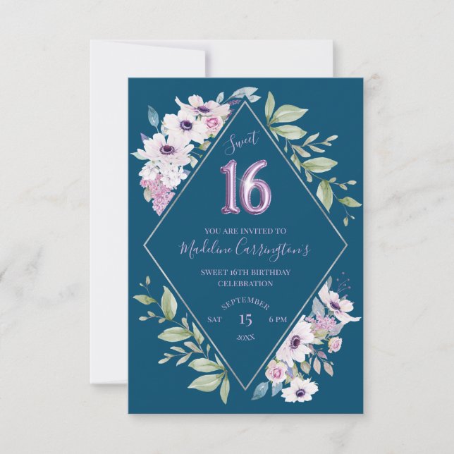 Purple and Blue Flower Diamond Sweet 16 Birthday Invitation (Front)
