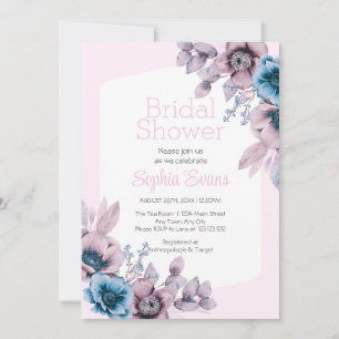 Purple and Blue Flowers Pink Bridal Shower Invitation
