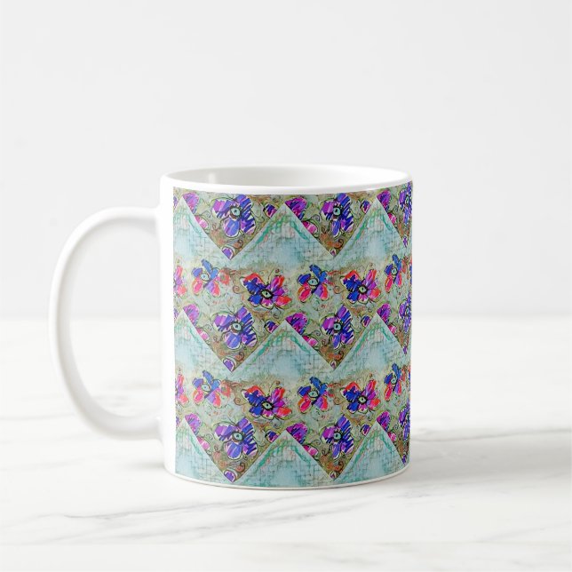 Purple and Blue Flowers Squares Zigzags Coffee Mug (Left)
