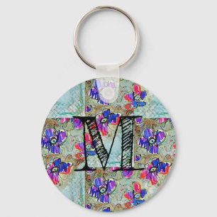 Purple and Blue Flowers Squares Zigzags Key Ring