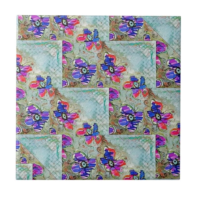 Purple and Blue Flowers Squares Zigzags Tile (Front)