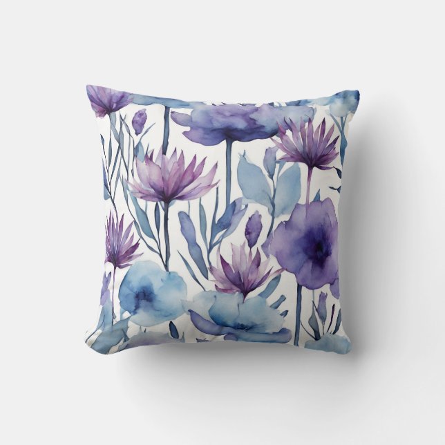 Purple And Blue Flowers Watercolor Floral Design Cushion (Front)