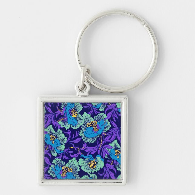 Purple and Blue Flowers William Morris Key Ring (Front)