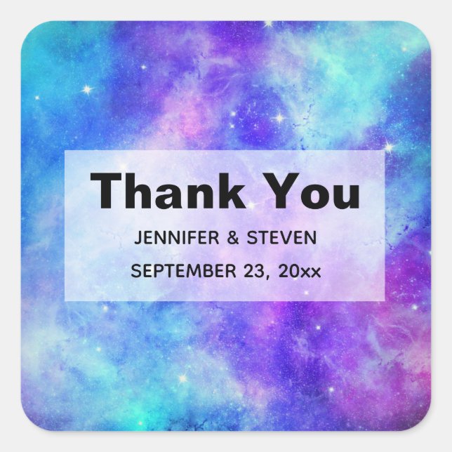 Purple and Blue Galaxy Space Wedding Thank You Square Sticker (Front)