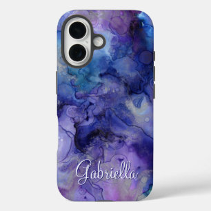 Purple and Blue Galaxy Watercolor Name iPhone 16 Case