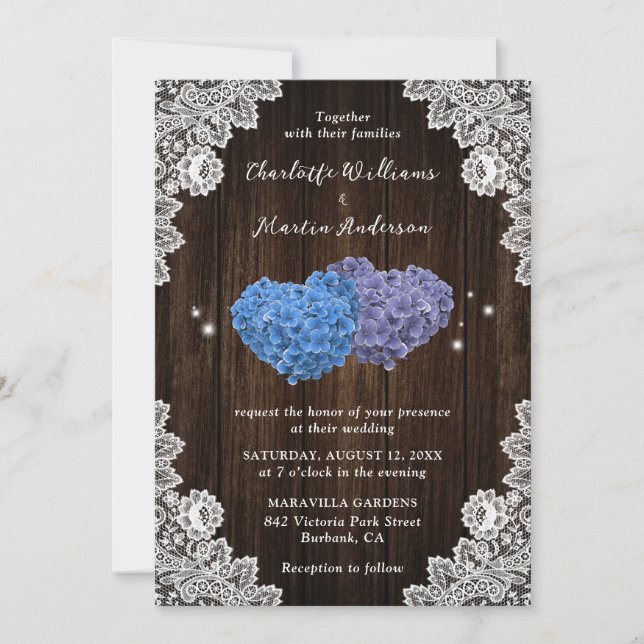 Purple and Blue Hearts Wood Lace Wedding Invitation (Front)