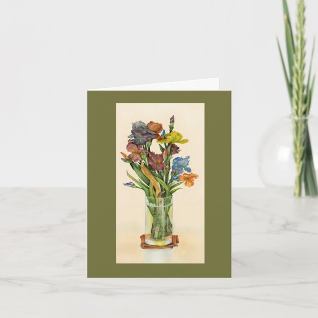 Purple and Blue Irises in Vase card (Front)