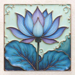 Purple and Blue Lotus Glass Coaster