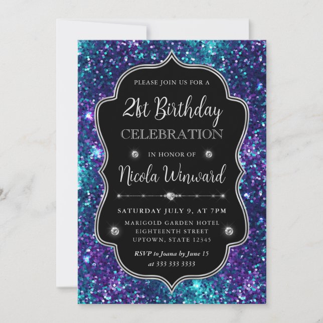 Purple and Blue Mermaid Sequins Frame Birthday Invitation (Front)