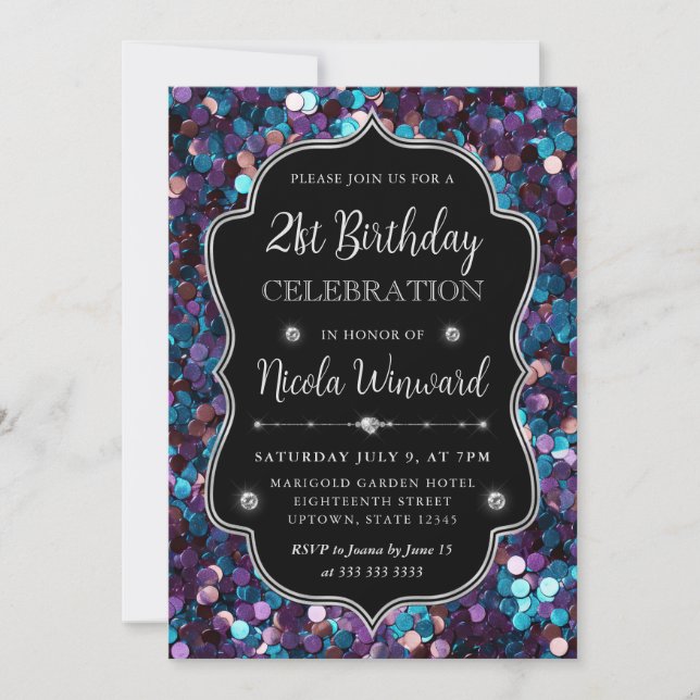 Purple and Blue Mermaid Sequins Frame Birthday Invitation (Front)