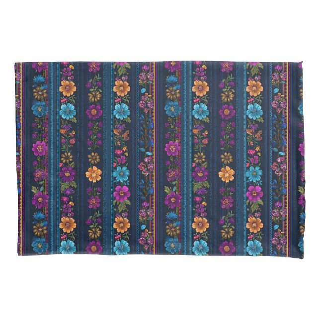 Purple and blue mixed boho floral patterns pillowcase (Front)