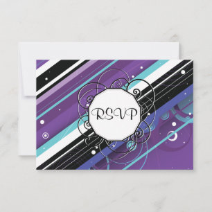 Purple and Blue Modern-Retro Stripes with Monogram RSVP Card