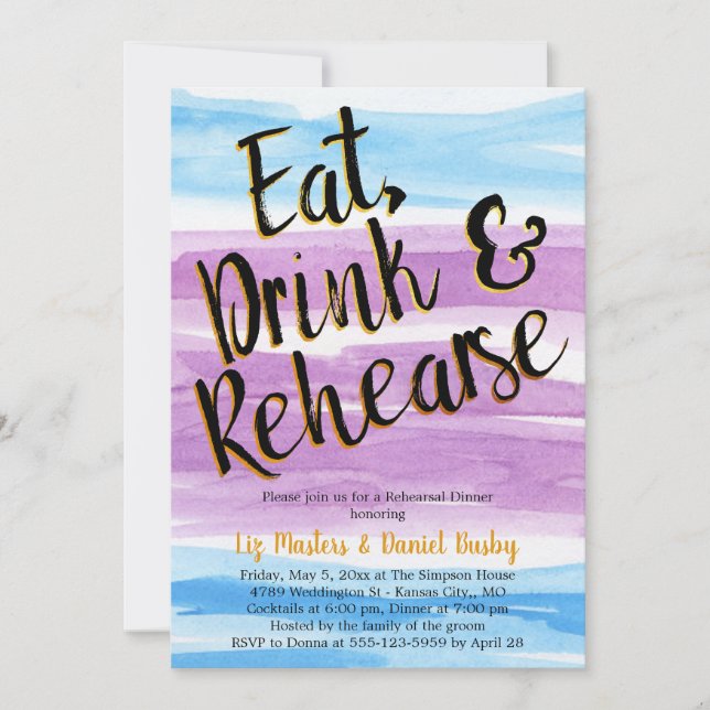 Purple and Blue Modern Watercolor Rehearsal Dinner Invitation (Front)