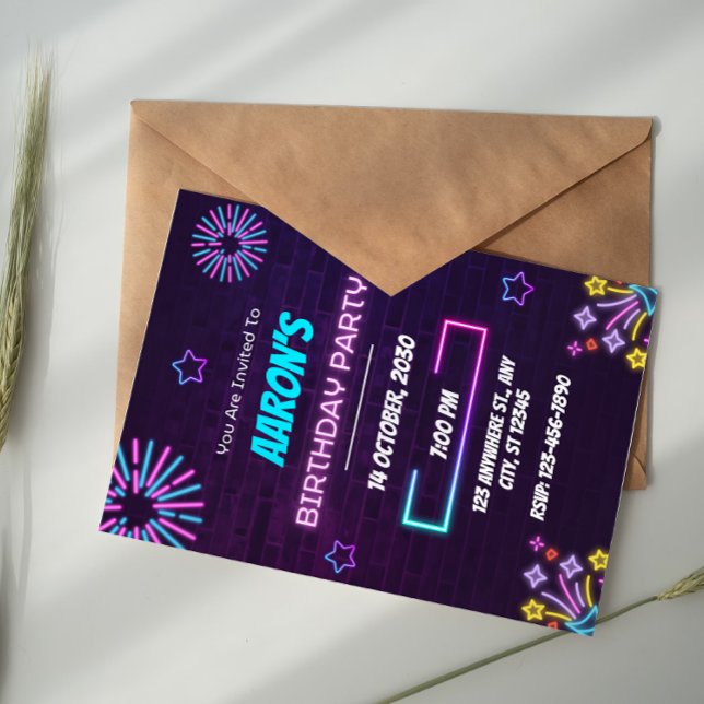 Purple and Blue Neon Glowing Birthday Party Invitation (Creator Uploaded)
