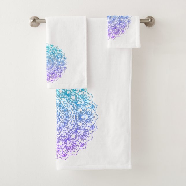 Purple and blue ornate mandala bath towel set (Insitu)