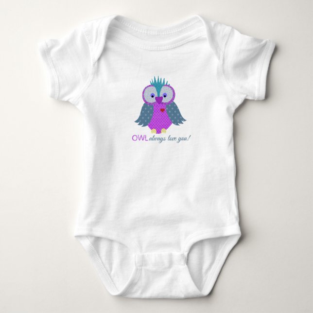 Purple and Blue Paisley Print Owl Baby Bodysuit (Front)