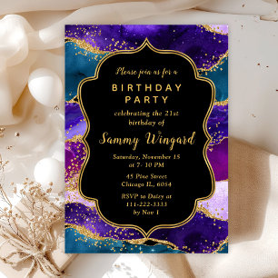 Purple and Blue Peacock Agate Birthday Invitation