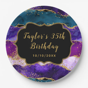 Purple and Blue Peacock Agate Birthday Paper Plate