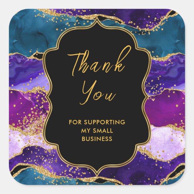 Purple and Blue Peacock Agate Business Thank You Square Sticker (Front)