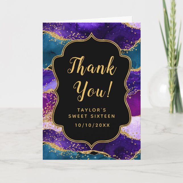 Purple and Blue Peacock Agate Sweet Sixteen Thank You Card (Front)