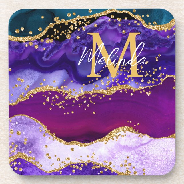 Purple and Blue Peacock Faux Glitter Agate Coaster (Front)