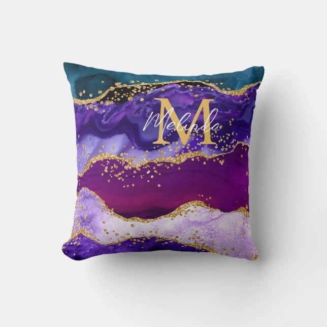 Purple and Blue Peacock Faux Glitter Agate Cushion (Front)