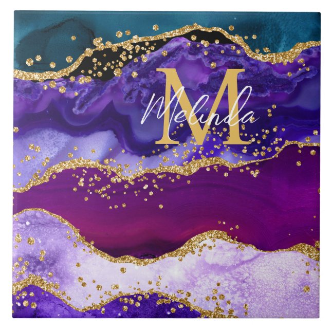 Purple and Blue Peacock Faux Glitter Agate Tile (Front)