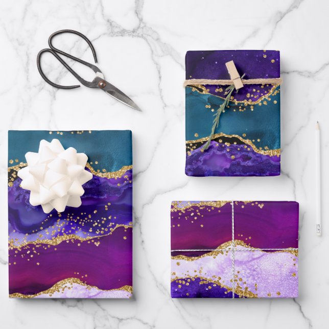 Purple and Blue Peacock Faux Glitter Agate Wrapping Paper Sheet (Front)