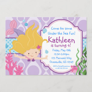 Purple and Blue Polka Dots Blonde Mermaid Birthday Invitation