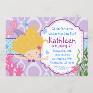 Purple and Blue Polka Dots Blonde Mermaid Birthday Invitation