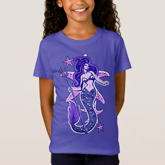 Purple And Blue Retro Pin-Up Mermaid T-Shirt (Front)
