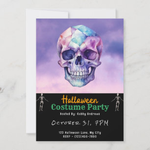Purple and Blue Skull and Clouds Black Halloween Invitation