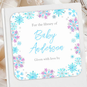 Purple and Blue Snowflakes Baby Shower Bookplate Square Sticker