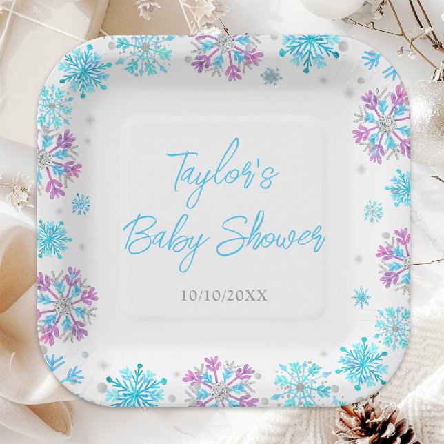 Purple and Blue Snowflakes Baby Shower Paper Plate (Creator Uploaded)