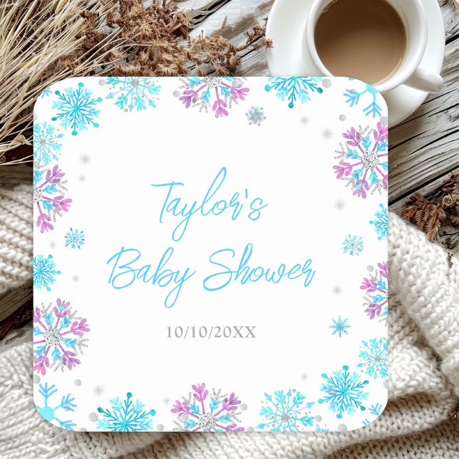 Purple and Blue Snowflakes Baby Shower Square Paper Coaster (Creator Uploaded)