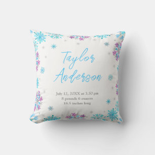 Purple and Blue Snowflakes Birth Stats Cushion