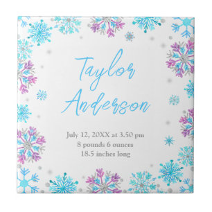 Purple and Blue Snowflakes Birth Stats Tile