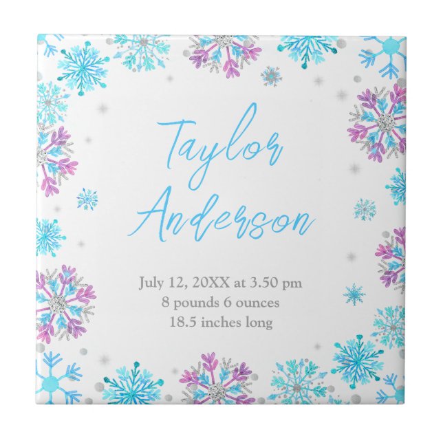 Purple and Blue Snowflakes Birth Stats Tile (Front)