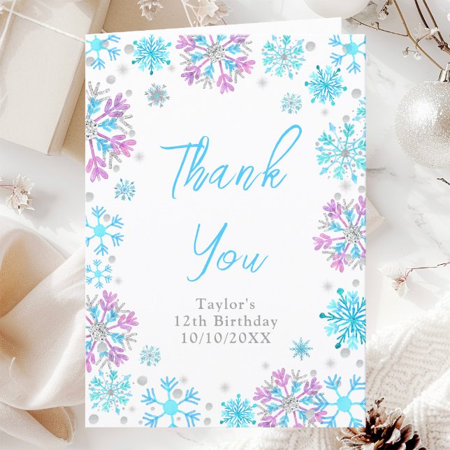 Purple and Blue Snowflakes Birthday Party Thank You Card (Creator Uploaded)