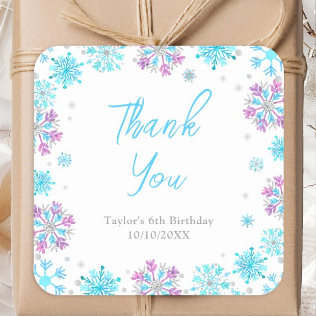 Purple and Blue Snowflakes Birthday Thank You Square Sticker (Creator Uploaded)
